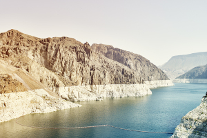 The once mighty Colorado River shows decline at Hoover Dam.